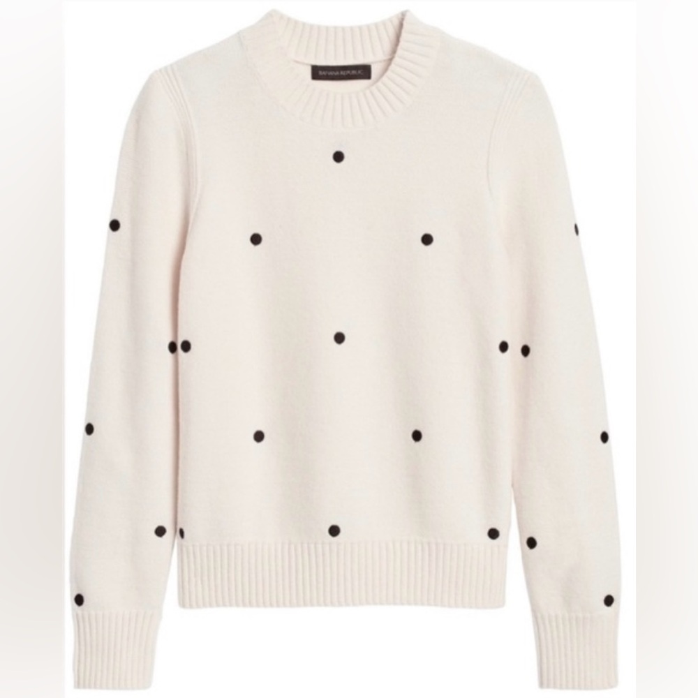 Banana Republic Supersoft Ivory Cotton Sweater Embroidered Black Polka Dots XS
